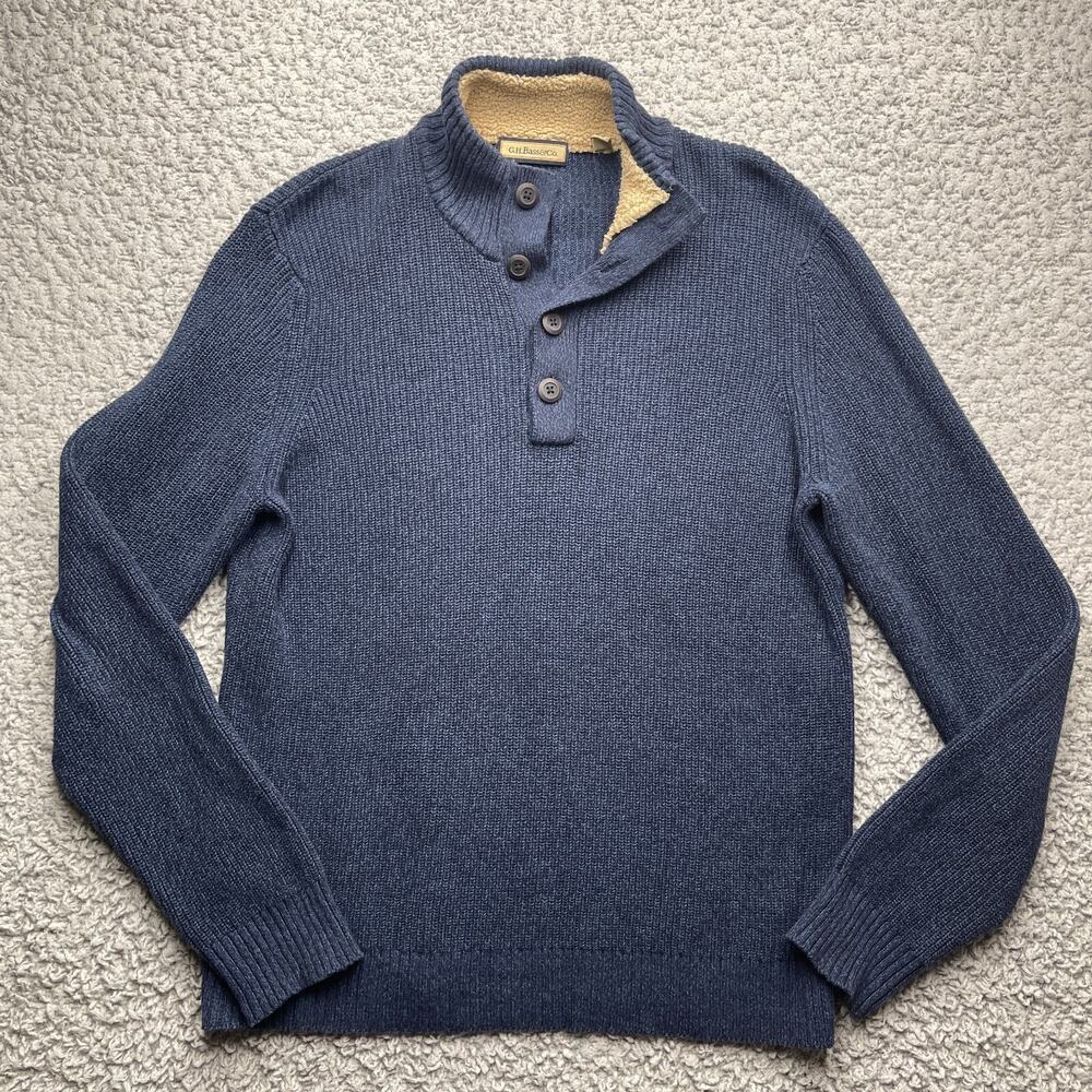 G.H. Bass Sweater Mens L Large Blue Classic Heavy Stretch High Neck 1/4 Button
